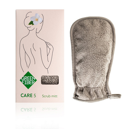 Двухсторонняя мочалка-скраб для ванны и душа Green Fiber CARE 5, варежка серая